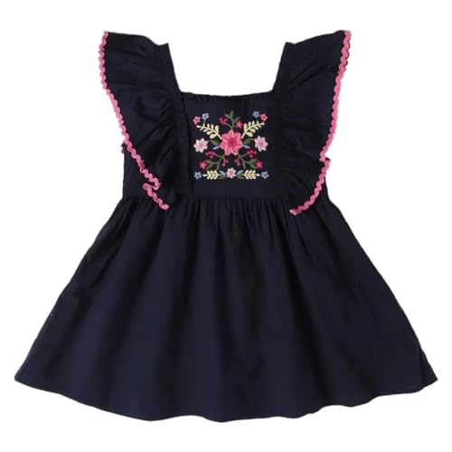 Girls' Floral Flutter Sleeve Princess-Frock Dress, Navy, 3Y