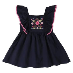 Girls' Floral Flutter Sleeve Princess-Frock Dress, Navy, 3Y
