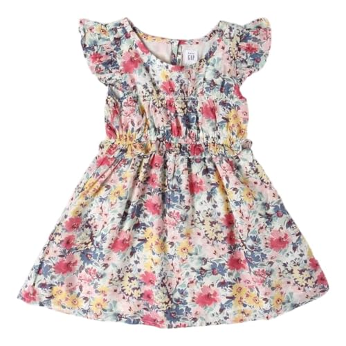 Girls' Floral Flutter Sleeve A-Line Dress, White, 3Y