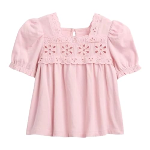 Girls' Cut-Work Square Neck Puff Sleeves Peasant Top, Lt. Pink, 2Y