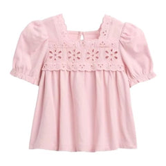 Girls' Cut-Work Square Neck Puff Sleeves Peasant Top, Lt. Pink, 2Y