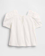 Girls' Cut-Work Square Neck Puff Sleeves Peasant Top, Off White, 2Y
