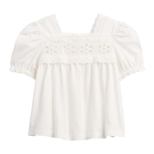 Girls' Cut-Work Square Neck Puff Sleeves Peasant Top, Off White, 2Y
