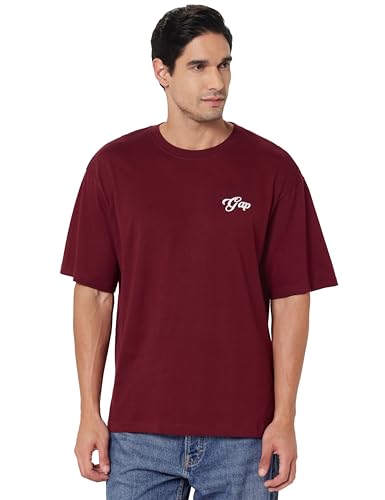GAP Men's Floral Printed Half Sleeve Round Neck Oversized fit T-Shirt,Maroon,L