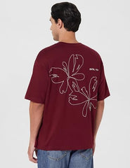 GAP Men's Floral Printed Half Sleeve Round Neck Oversized fit T-Shirt,Maroon,L