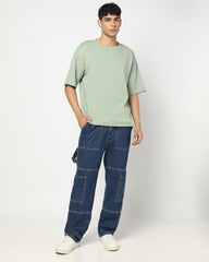 GAP Men's Embroidered Half Sleeve Round Neck Oversized fit T-Shirt,Lt. Green,XXL