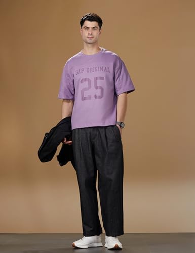 GAP Men's Embroidered Half Sleeve Round Neck Oversized fit T-Shirt,Lavender,S