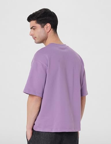 GAP Men's Embroidered Half Sleeve Round Neck Oversized fit T-Shirt,Lavender,S