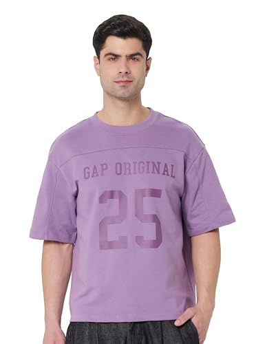 GAP Men's Embroidered Half Sleeve Round Neck Oversized fit T-Shirt,Lavender,S