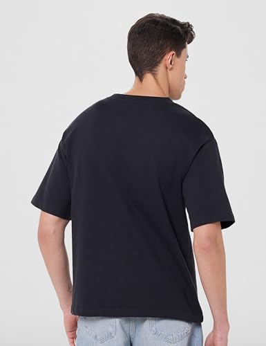 GAP Men's Embroidered Half Sleeve Round Neck Oversized fit T-Shirt,Black,S