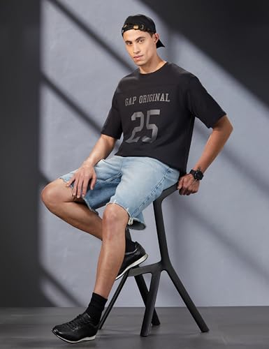 GAP Men's Embroidered Half Sleeve Round Neck Oversized fit T-Shirt,Black,S