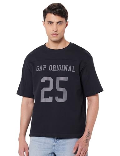 GAP Men's Embroidered Half Sleeve Round Neck Oversized fit T-Shirt,Black,S