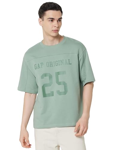 GAP Men's Embroidered Half Sleeve Round Neck Oversized fit T-Shirt,Lt. Green,L