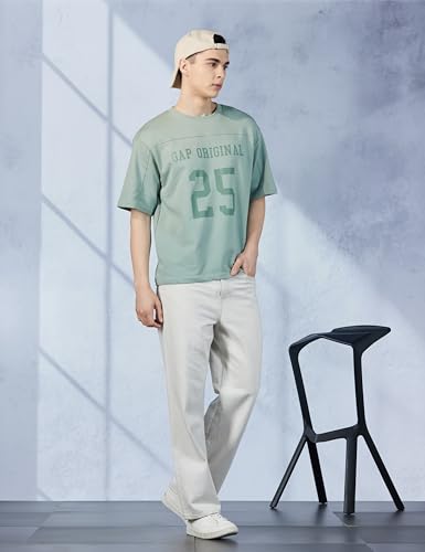 GAP Men's Embroidered Half Sleeve Round Neck Oversized fit T-Shirt,Lt. Green,L