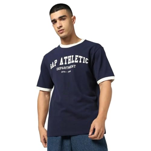 Men's Letter Relaxed Ringer T-Shirt, Navy, L