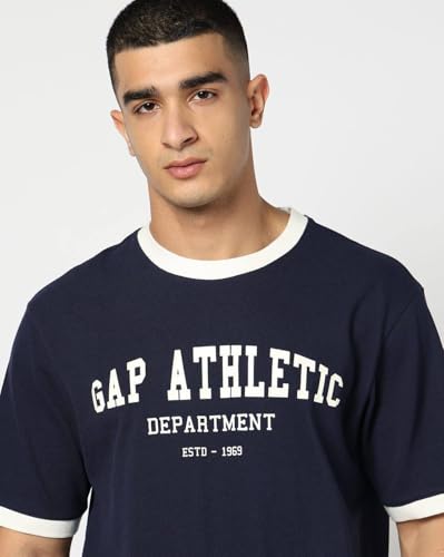 Men's Letter Relaxed Ringer T-Shirt, Navy, L