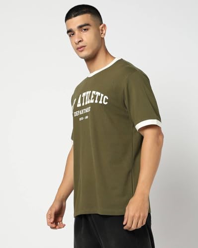 Men Letter Ringer Relaxed Fit Crew Neck T-Shirt, Dark Green, L