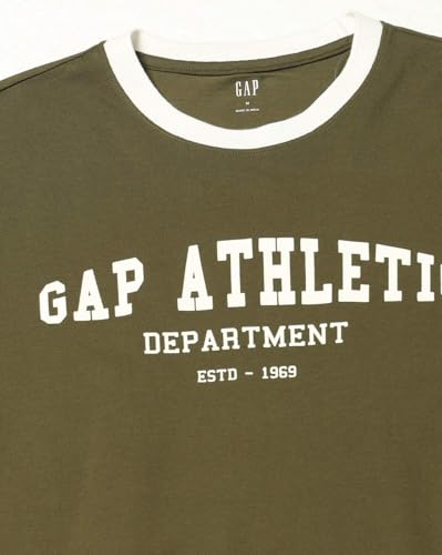 Men Letter Ringer Relaxed Fit Crew Neck T-Shirt, Dark Green, L
