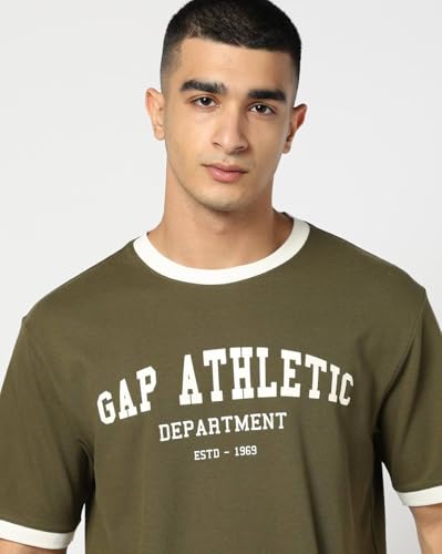 Men Letter Ringer Relaxed Fit Crew Neck T-Shirt, Dark Green, L