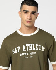 Men Letter Ringer Relaxed Fit Crew Neck T-Shirt, Dark Green, L