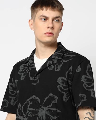 Men's Floral Regular Fit Camp Shirt, Black, M