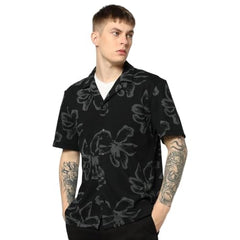 Men's Floral Regular Fit Camp Shirt, Black, M
