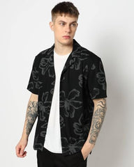 Men's Floral Regular Fit Camp Shirt, Black, M