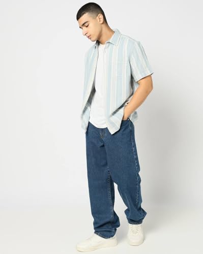 Men's Striped Spread Collar Shirt, Light Blue, L