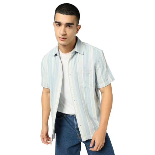 Men's Striped Spread Collar Shirt, Light Blue, L