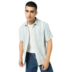 Men's Striped Spread Collar Shirt, Light Blue, L