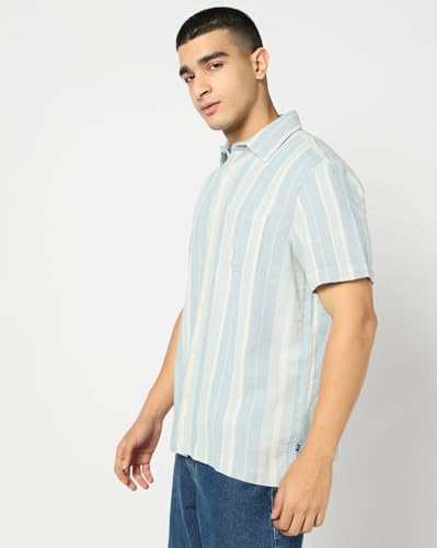 Men's Striped Spread Collar Shirt, Light Blue, L