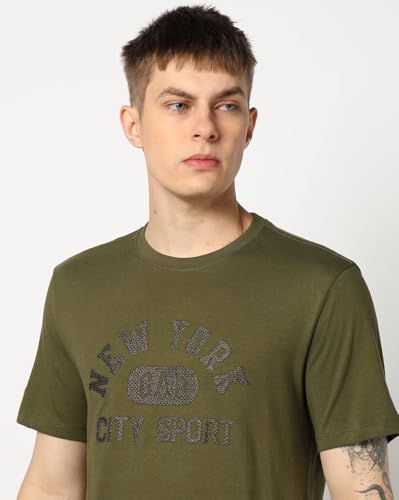 Men Letter Slim Fit Crew Neck T-Shirt, Dark Green, L