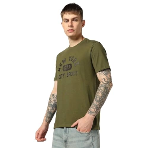 Men Letter Slim Fit Crew Neck T-Shirt, Dark Green, L