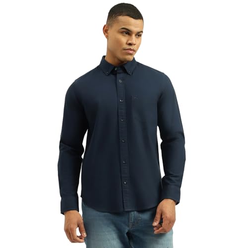 United Colors of Benetton Regular Fit Button Down Collar Solid Shirt (Size: 2XL)-25A5SO350PLNI901 Blue