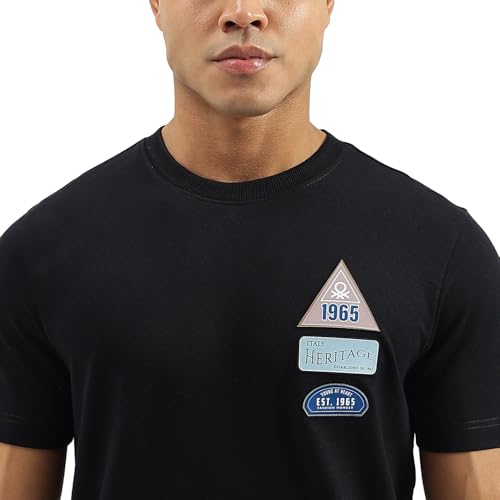 United Colors of Benetton Men's Applique Relaxed Fit Shirts (25A3P29J3607IN22_Black