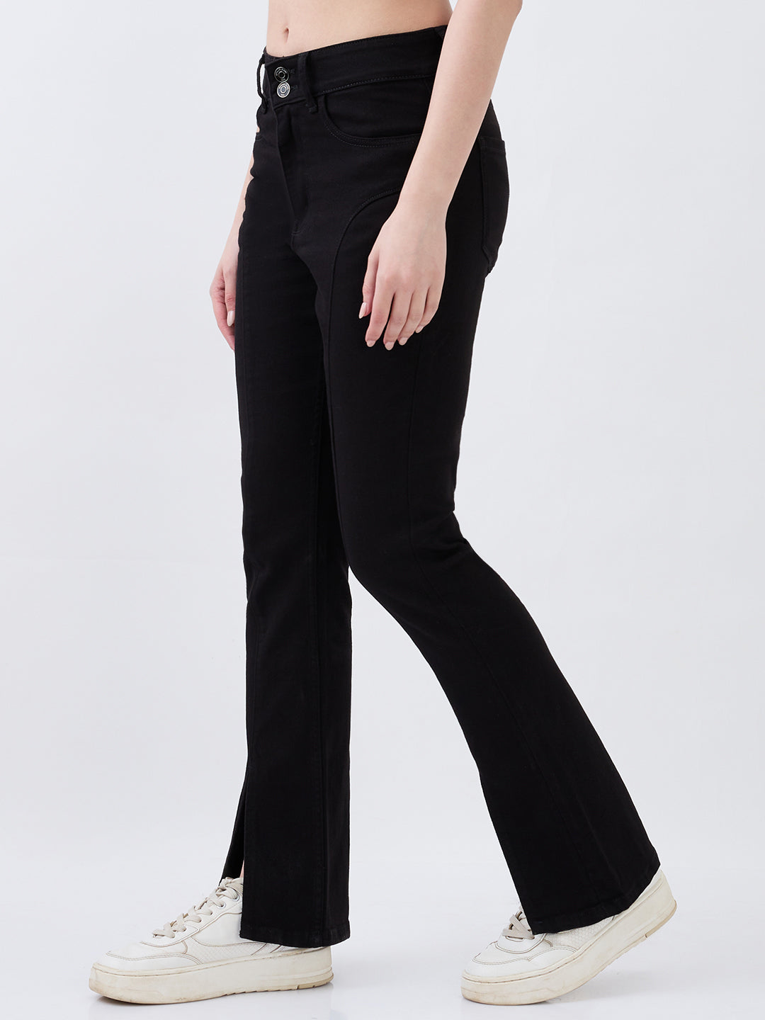 Black Spykar ladies western jeans with a slim fit design, shown on a model in a casual setting.