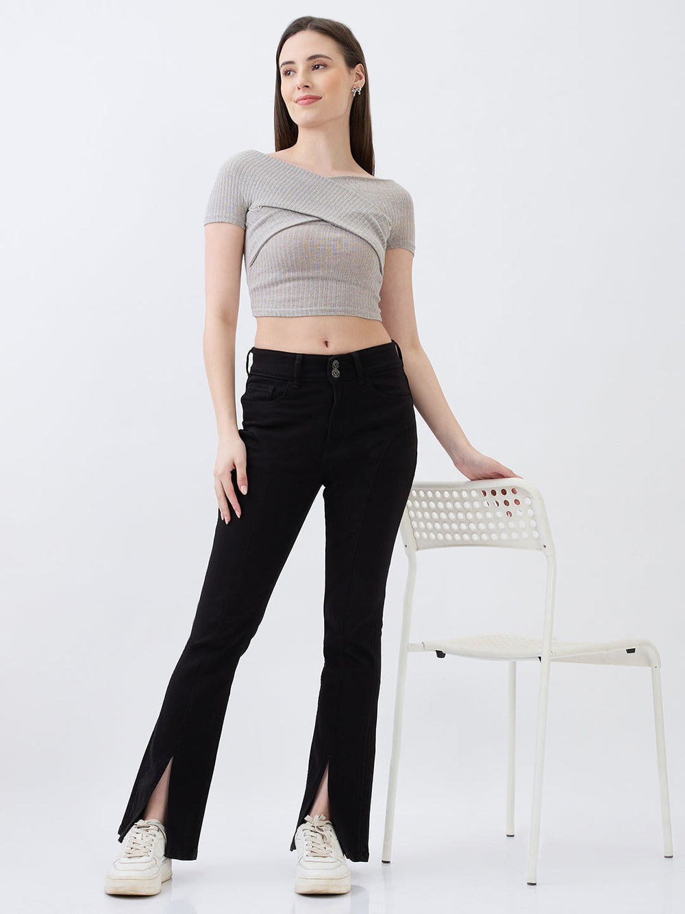 Black Spykar ladies western jeans with a slim fit design, shown on a model in a casual pose.