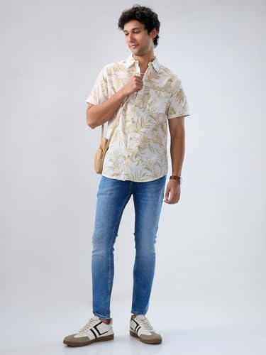 Men Spykar Beige Print Regular Fit Shirt