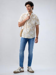 Men Spykar Beige Print Regular Fit Shirt