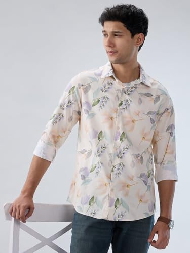 Men Spykar White Print Regular Fit Shirt