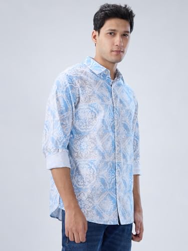 Men Spykar Blue Print Regular Fit Shirt