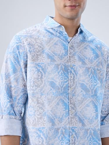 Men Spykar Blue Print Regular Fit Shirt