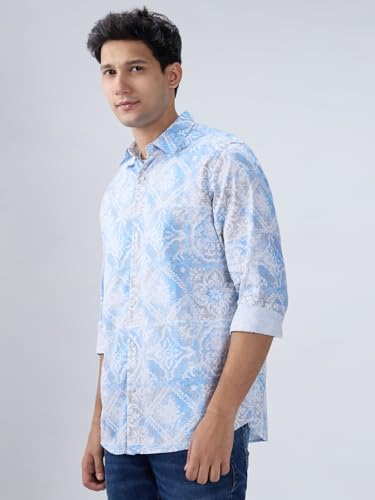 Men Spykar Blue Print Regular Fit Shirt