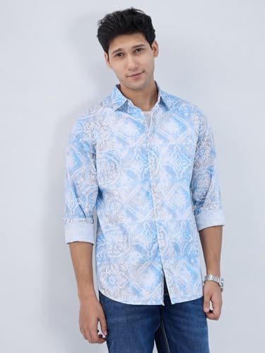 Men Spykar Blue Print Regular Fit Shirt