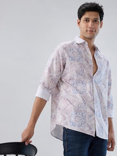 Men Spykar Pink Print Regular Fit Shirt