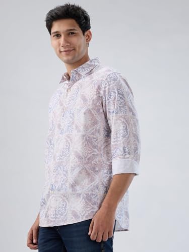 Men Spykar Pink Print Regular Fit Shirt