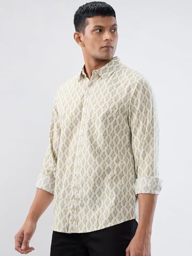 Men Spykar Beige Print Regular Fit Shirt