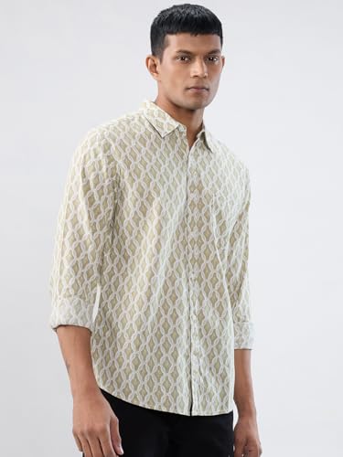 Men Spykar Beige Print Regular Fit Shirt