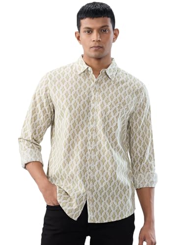 Men Spykar Beige Print Regular Fit Shirt
