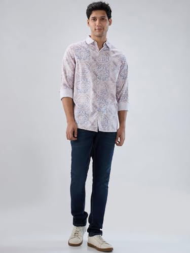 Men Spykar Pink Print Regular Fit Shirt